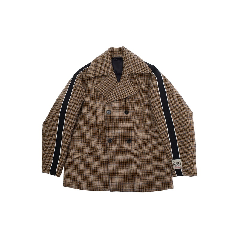 Brown Double-Breasted Jacket with Notched Revers and All-Over Check Motif in Tech Fabric Boy