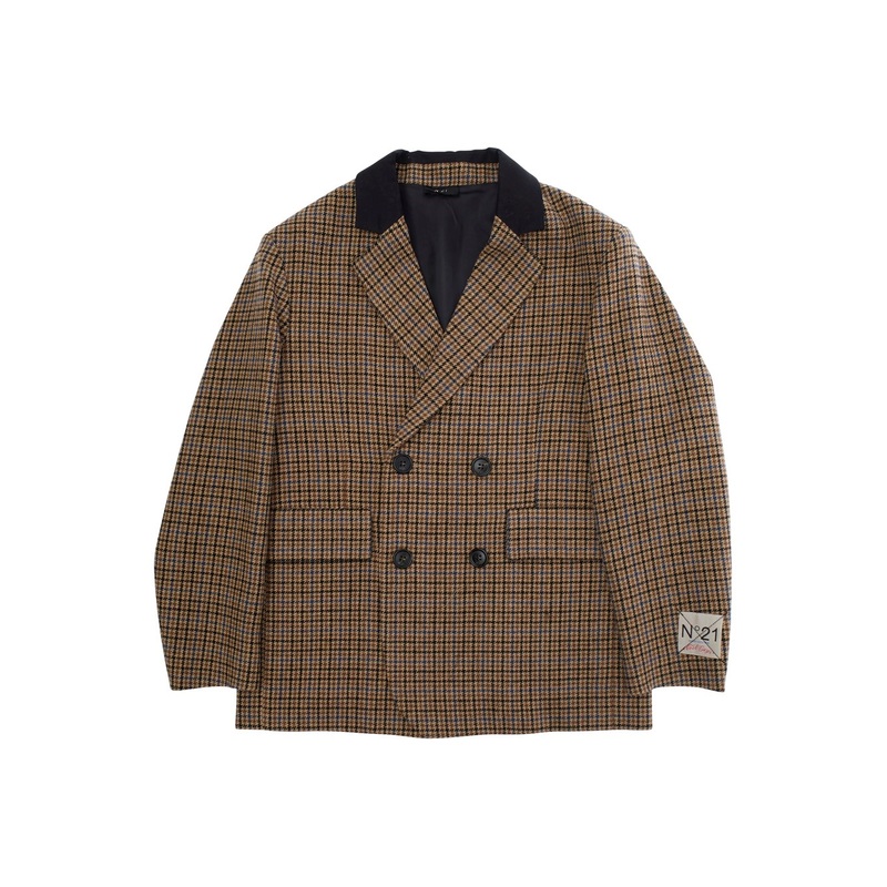 Brown Double-Breasted Jacket with Notched Revers and All-Over Check Motif in Wool Blend Boy