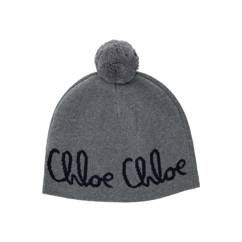 Grey Beanie with Pompon and Logo Lettering in Wool and Cotton Girl