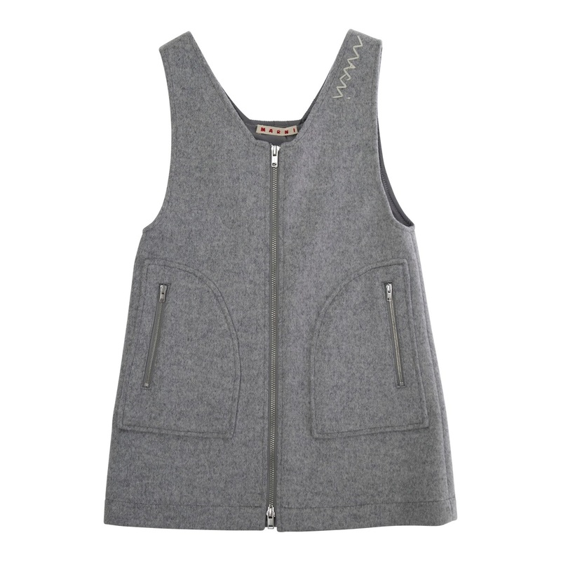 Grey Sleeveless Dress with Logo Embroidery on the Front in Wool Blend Girl