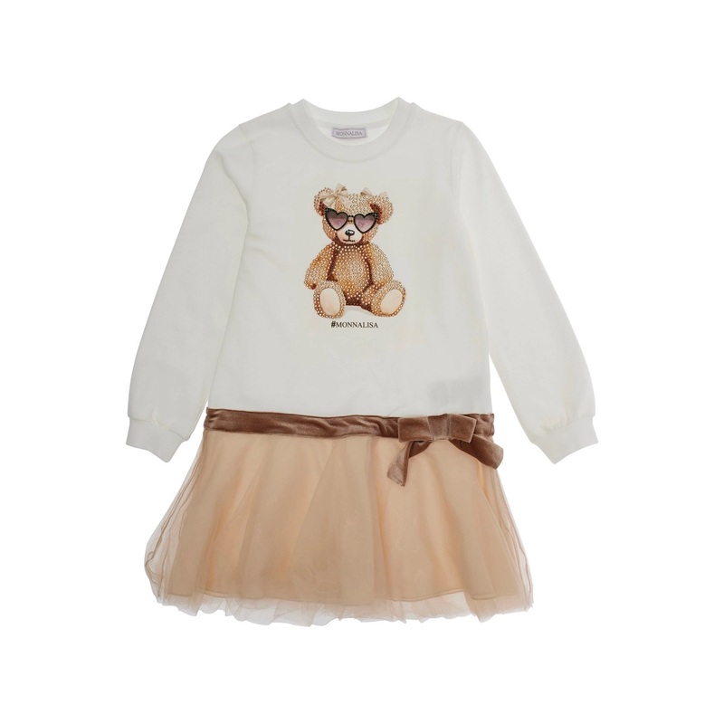 Multicolor Crewneck Dress with Crystal Embellishments on the Front and Bow Detail on the Front in Cotton Stretch Girl