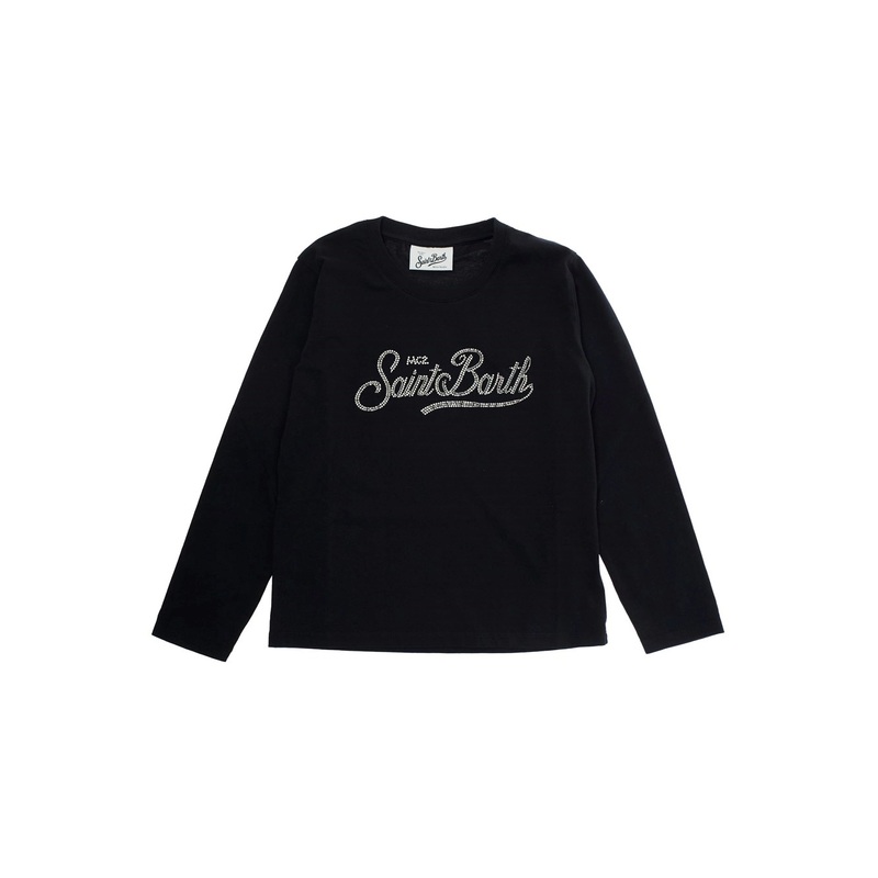 ‘Penny’ Black Long-Sleeve T-Shirt with Rhinestoned Logo Lettering on the Front in Cotton Boy
