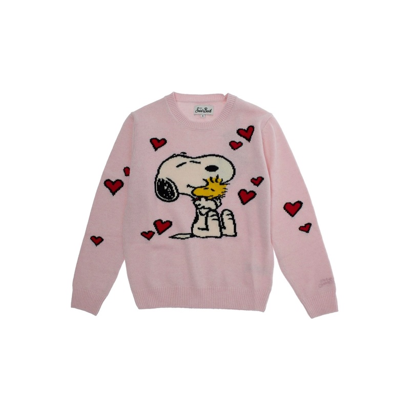 Pink Sweater with Round Collar and Maxi Embroidery on the Front in Wool Blend Girl