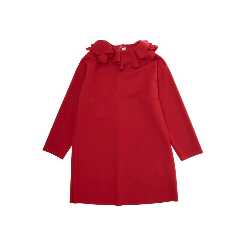 Red Dress with Ruched Crewneck and Logo Embroidery on the Front in Tech Fabric Stretch Girl