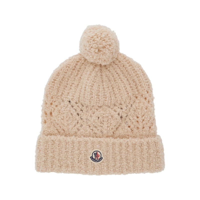 White Beanie with Pompom and Logo Patch on the Front in Wool Girl