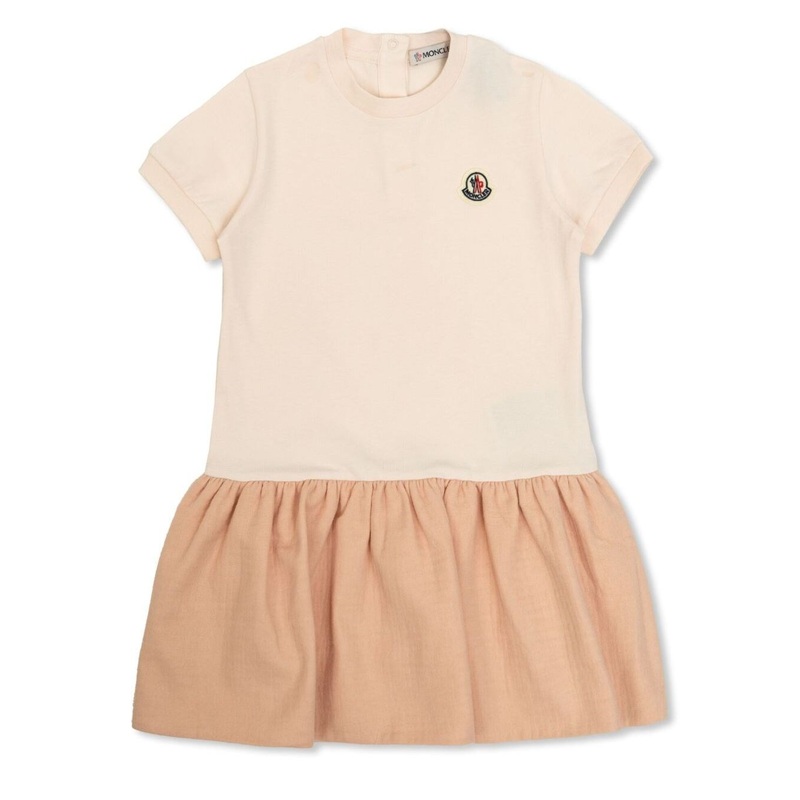 Beige Dress with Logo Patch on the Front and Flared Skirt in Cotton Baby