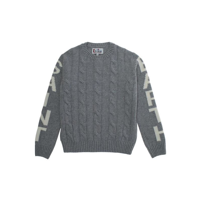 ‘Bergen Jr’ Grey Cable Knit Crewneck Sweater with Maxi Logo Lettering on the Sleeve in Wool Boy