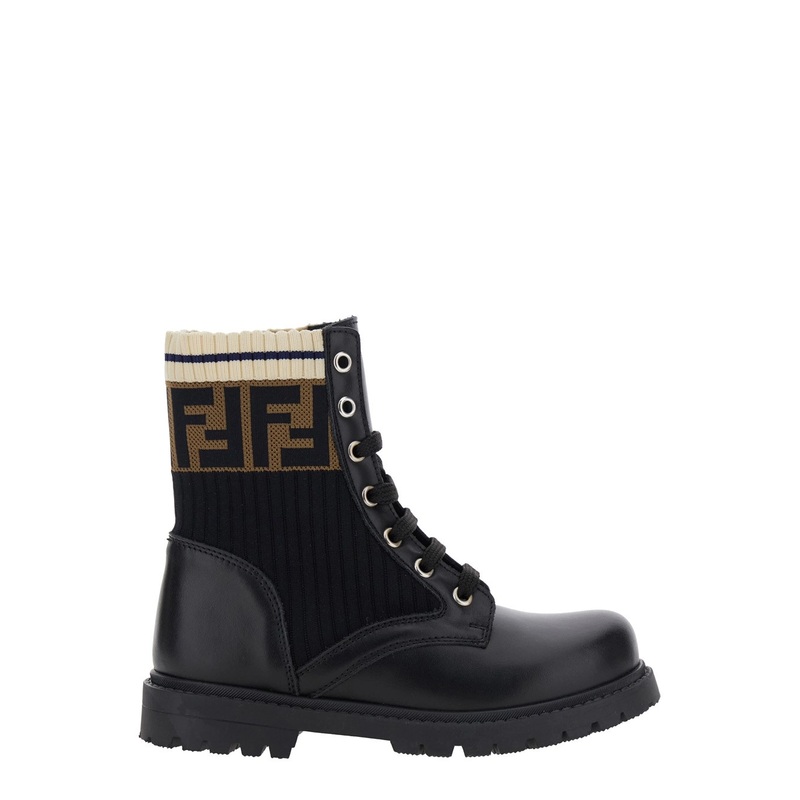 Black Boots with FF Motif and Panelled Design in Leather Boy