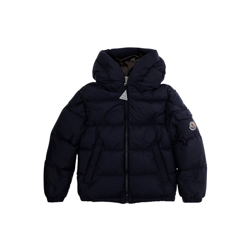 Blue Down Jacket with Fixed Hood and Logo Patch on the Sleeve in Tech Fabric Boy
