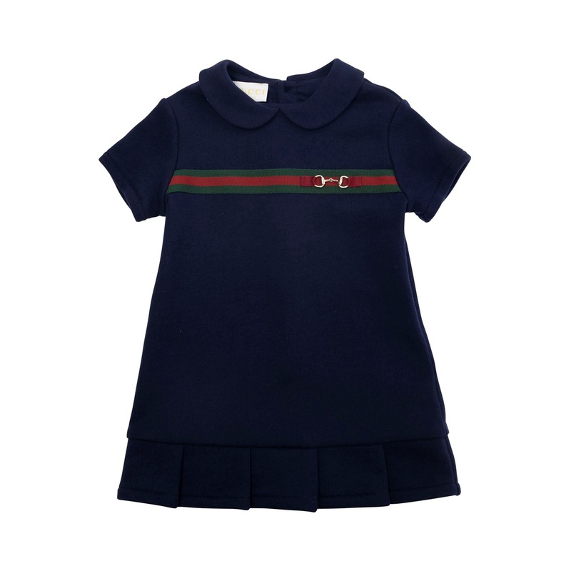 Blue Dress with Peter Pan Collar and Web Detail with Horsebit  on the Front in Cotton Baby