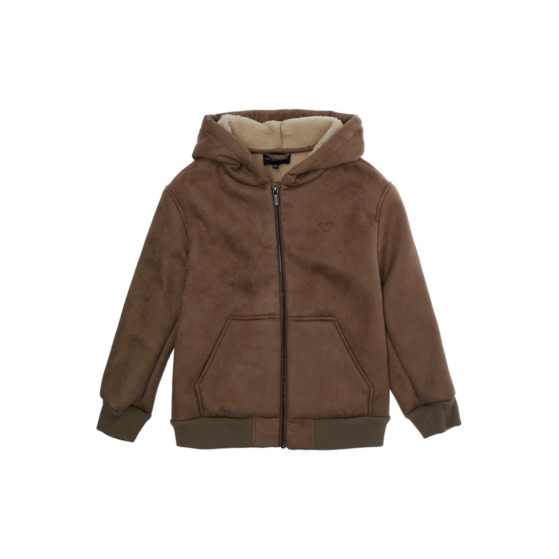 Brown Jacket with Fixed Hood and Logo Embroidery on the Front in Tech Fabric Boy