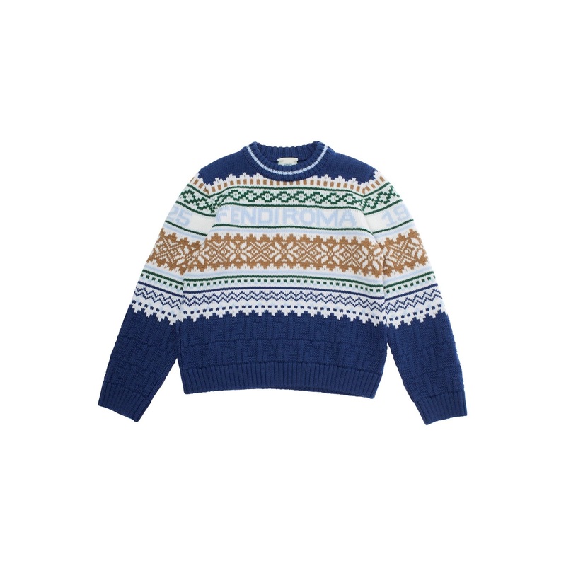 Multicolor Crewneck Sweater with Logo Lettering and Geometric Embroidery in Wool Boy