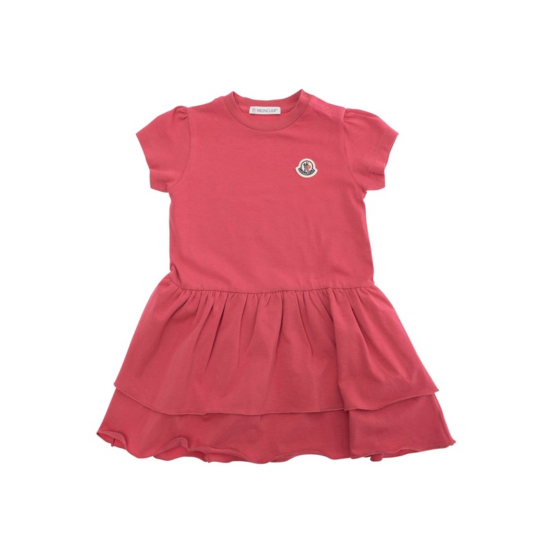 Red Crewneck Dress with Logo Patch Applied on the Front in Cotton Baby