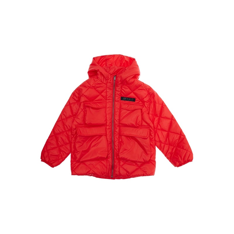 Red Jacket with Fixed Hood and Logo Patch on the Front in Tech Fabric Boy