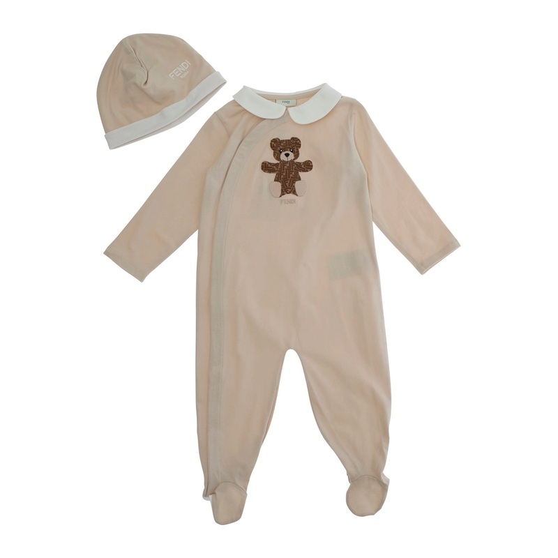 Beige Onesie and Beanie with Bear Embroidery in Stretch Cotton Baby