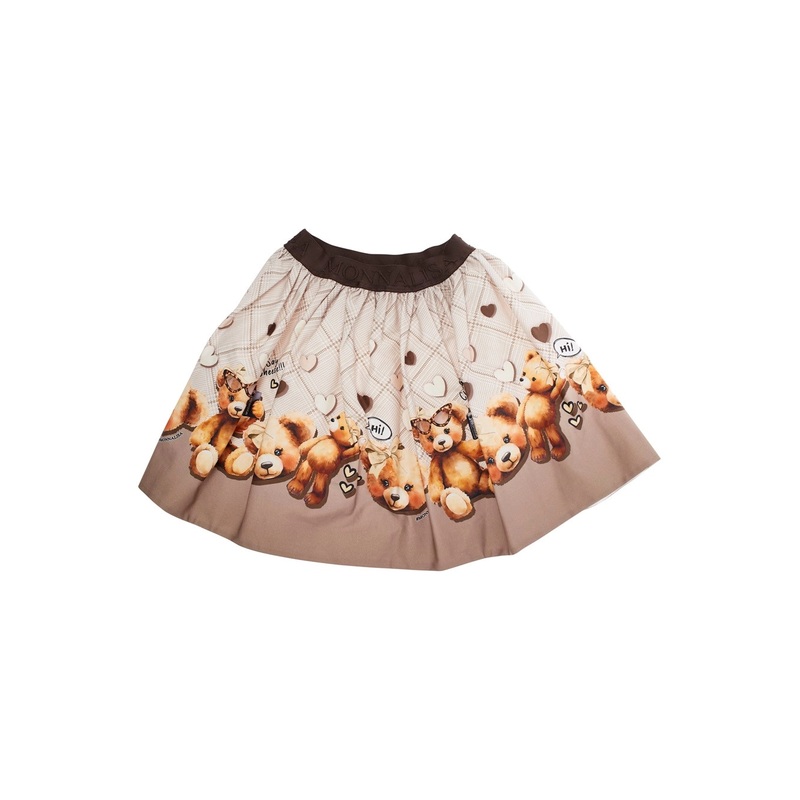 Beige Skirt with Elastic Waist with Logo Lettering and All-Over Print in Cotton Stretch Baby
