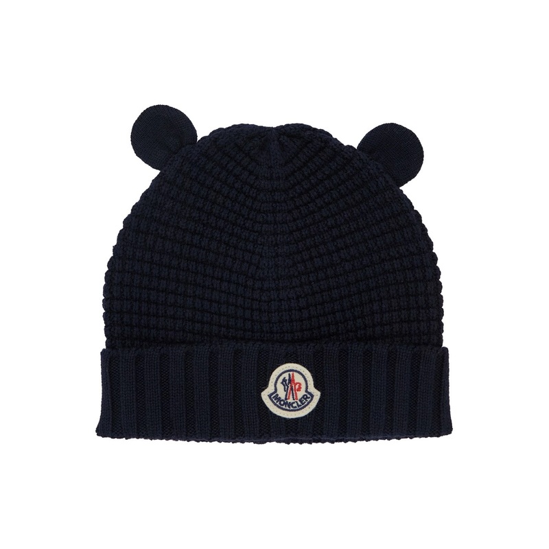 Blue Beanie with Logo Patch on the Front and Ear Patches in Wool Baby