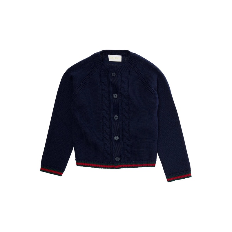 Blue Cardigan with Intarsia Design and Round Neck in Wool Boy