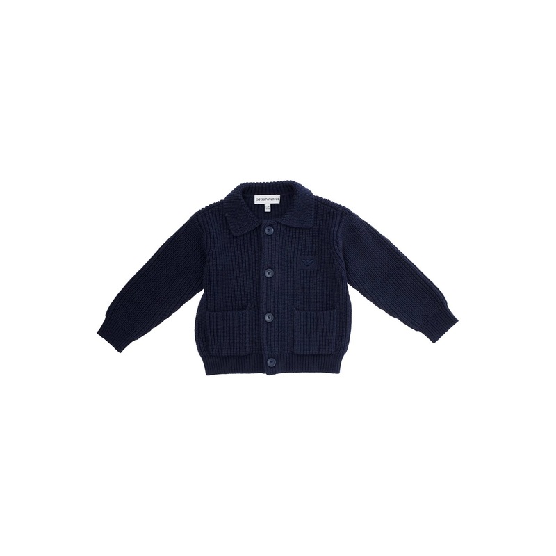 Blue Cardigan with Ribbed Design and Embroidered Logo on Front in Cotton Mix Baby