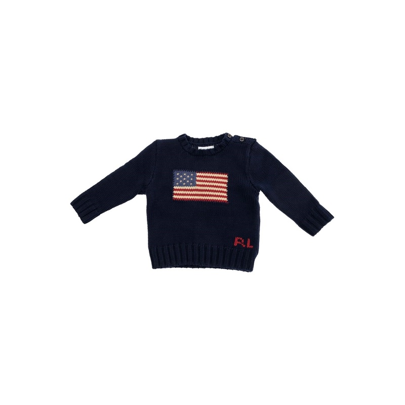 Blue Crewneck Sweater with Embroidery on the Front and Button Closure on the Sleeve in Cotton Baby