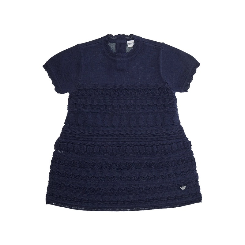 Blue Dress with Round Neck and Logo Embroidery on the Front in Wool Blend Girl