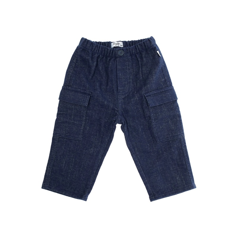 Blue Pants with Elastic Waist and Logo Patch on the Front in Cotton Stretch Baby