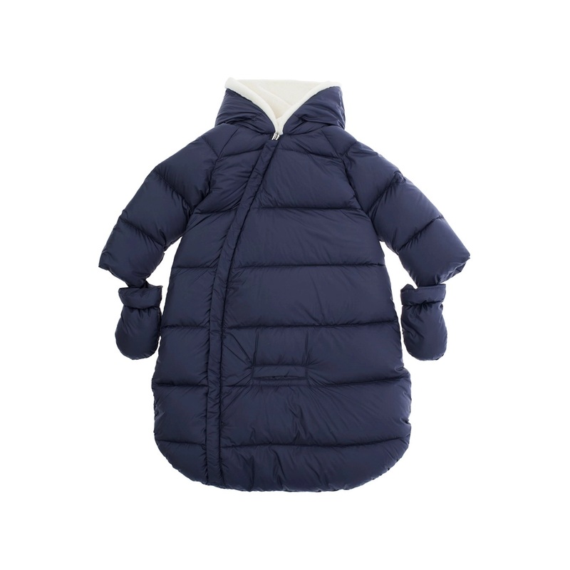 Blue Sleeping Sack Down Jacket with Fixed Hood and Removable Gloves in Tech Fabric Baby