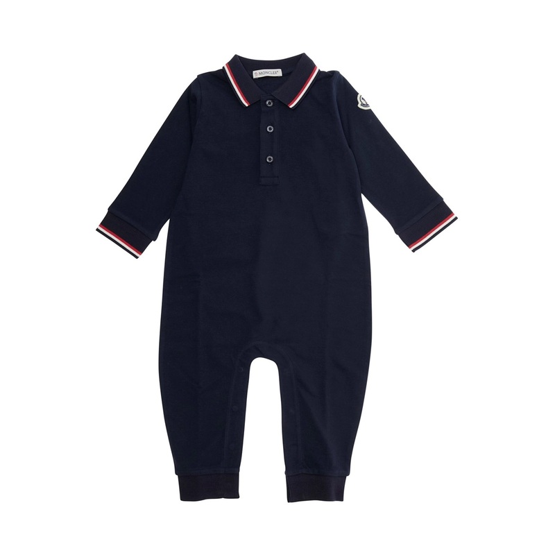Dark Blue Romper with Contrasting Collar and Logo Patch on the Sleeve in Cotton Baby