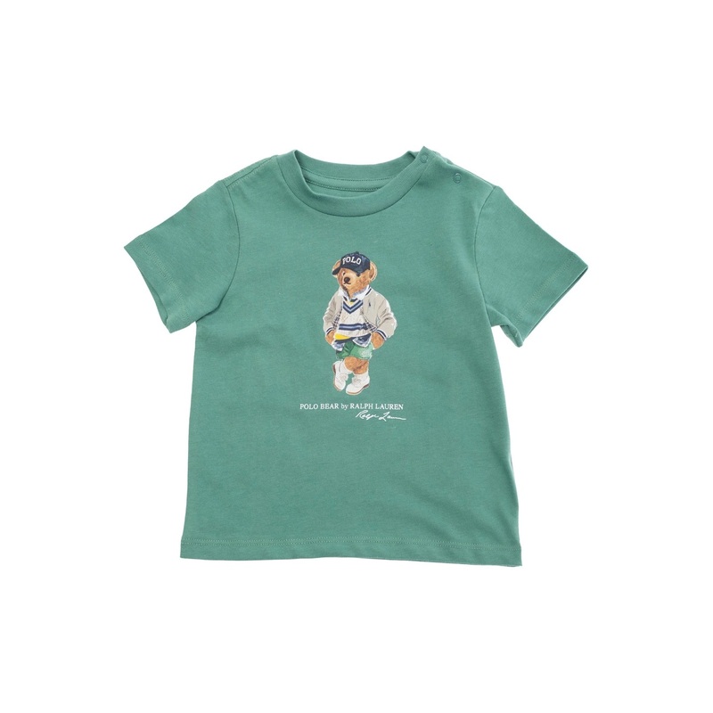 Green Crewneck T-Shirt with Maxi Logo Print on the Front in Cotton Baby