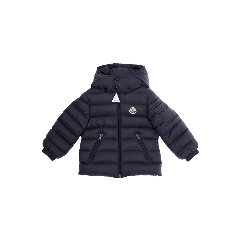 ‘Jules’ Blue Down Jacket with Fixed Hood and Logo Patch on Chest in Tech Fabric Baby