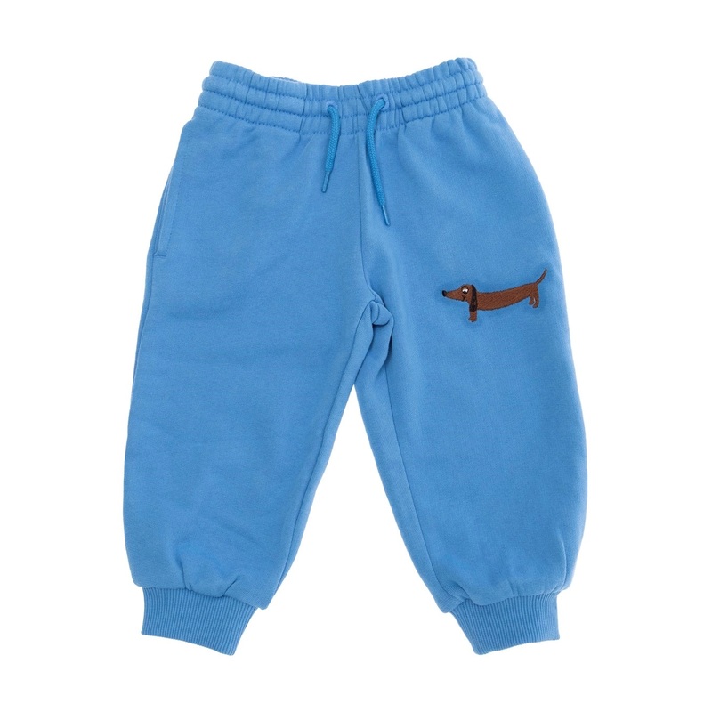 Light Blue Trousers with Elastic Waist and Front Embroidery in Cotton Baby