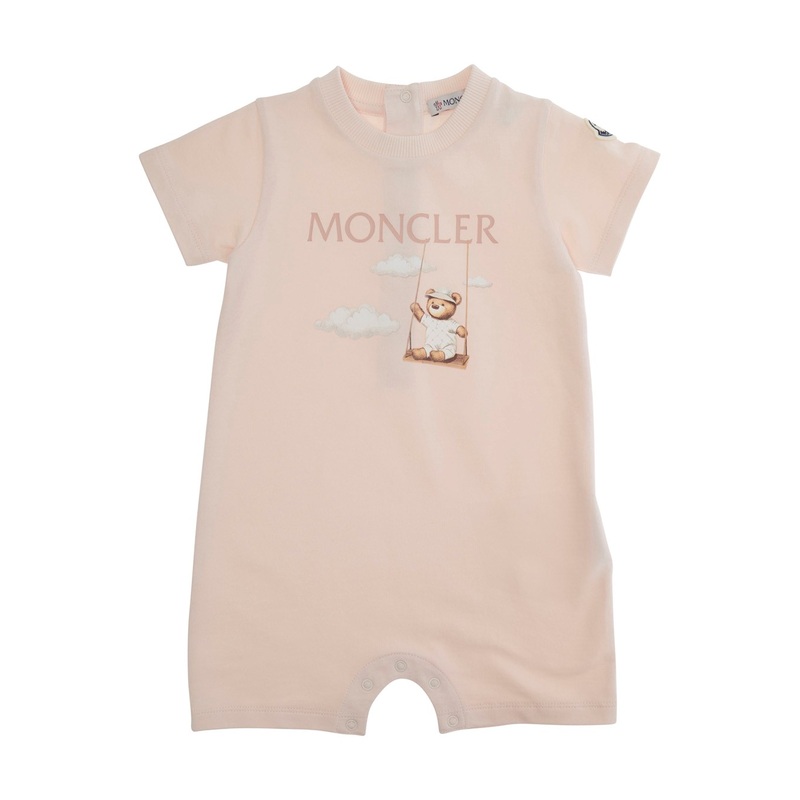 Pink Romper with Logo Patch on the Sleeve and Front Print in Cotton Baby