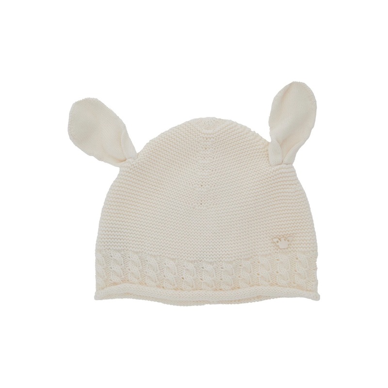 White Beanie with Ear Detail and Logo Embroidery on the Front in Cotton and Cashmere Baby