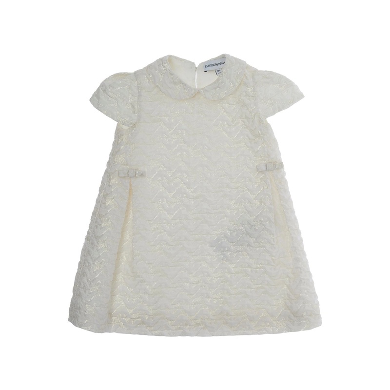 White Dress with Peter Pan Collar and All-Over Logo Embroidery in Tech Fabric Baby