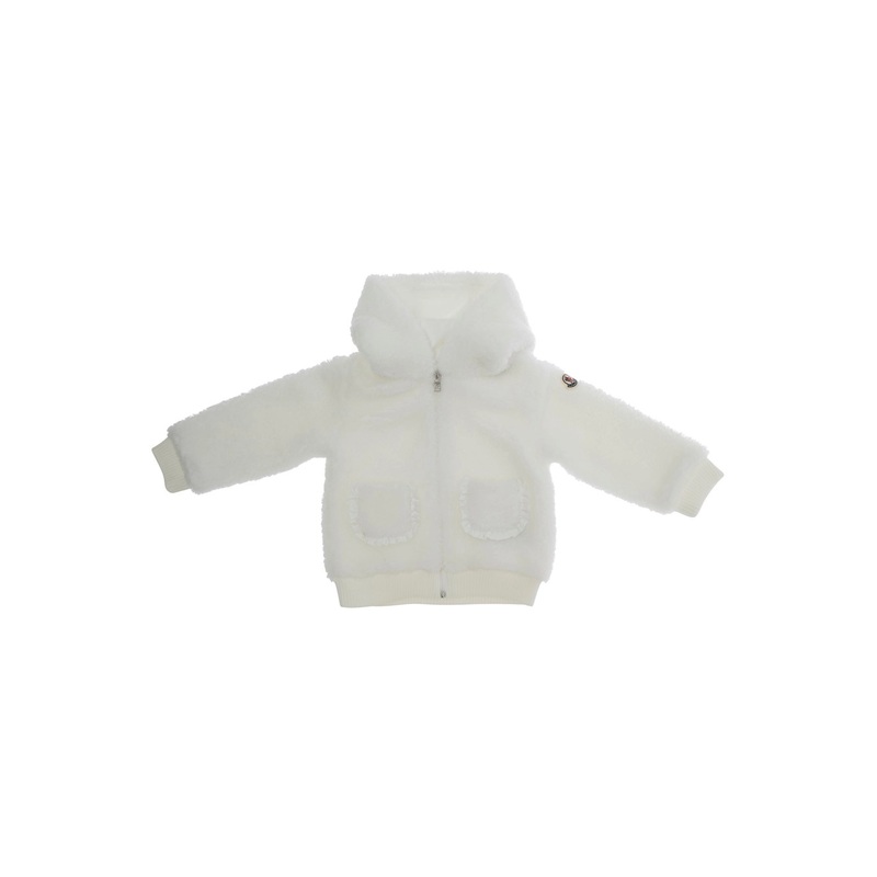 White Jacket with Fixed Hood and Logo Patch on the Sleeve in Tech Fabric Baby