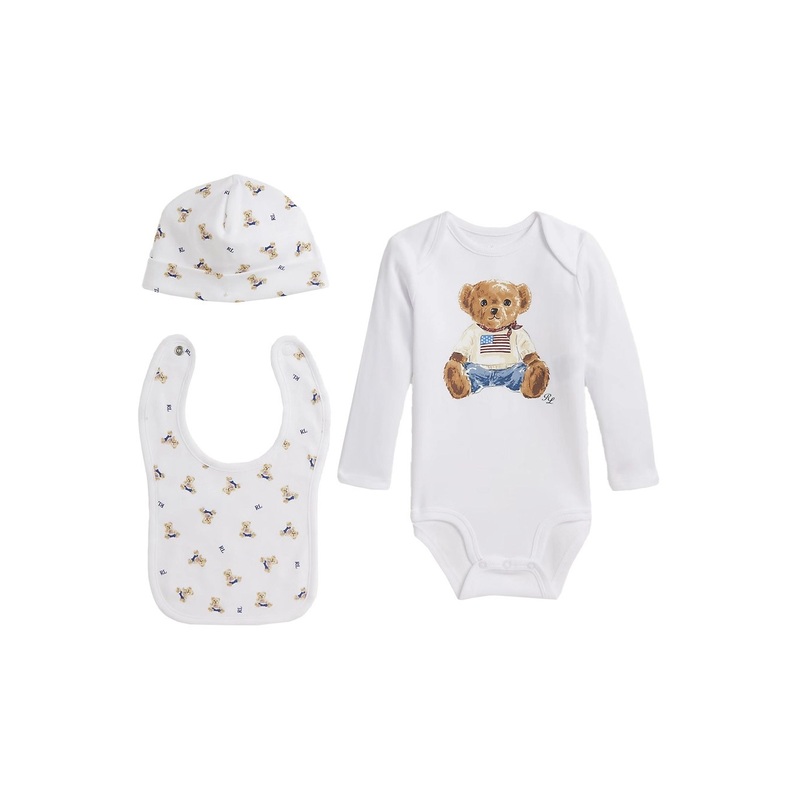 White Set of Three with Onesie and Matching Bib and Beanie with All-Over Bear Print in Cotton Baby