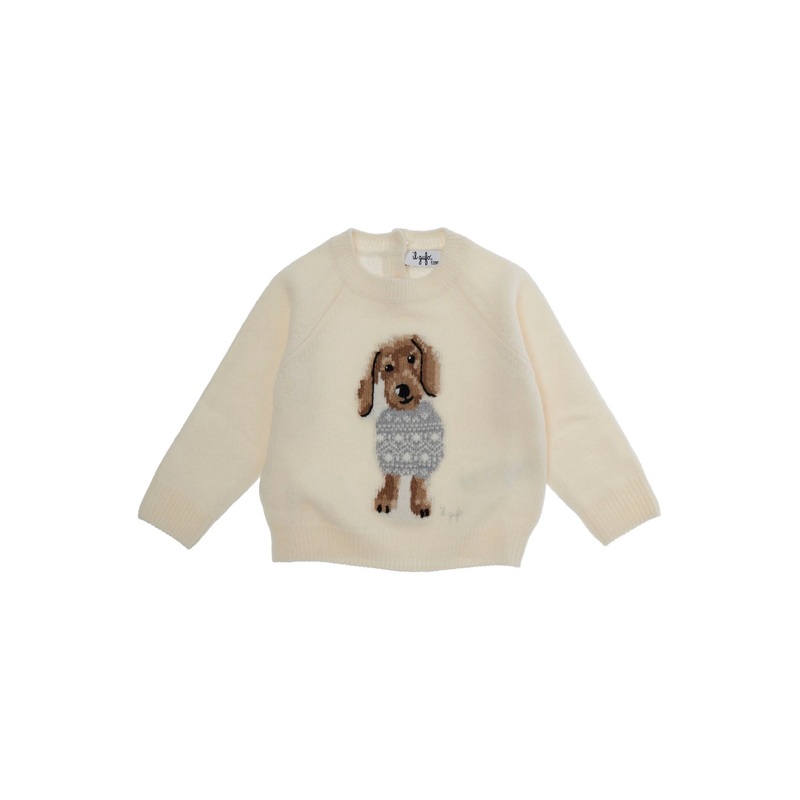 White Sweater with Round Neck and Logo Embroidery on the Front in Wool Baby
