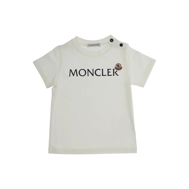 White T-Shirt with Logo Print and Snap Buttons in Stretch Cotton Baby