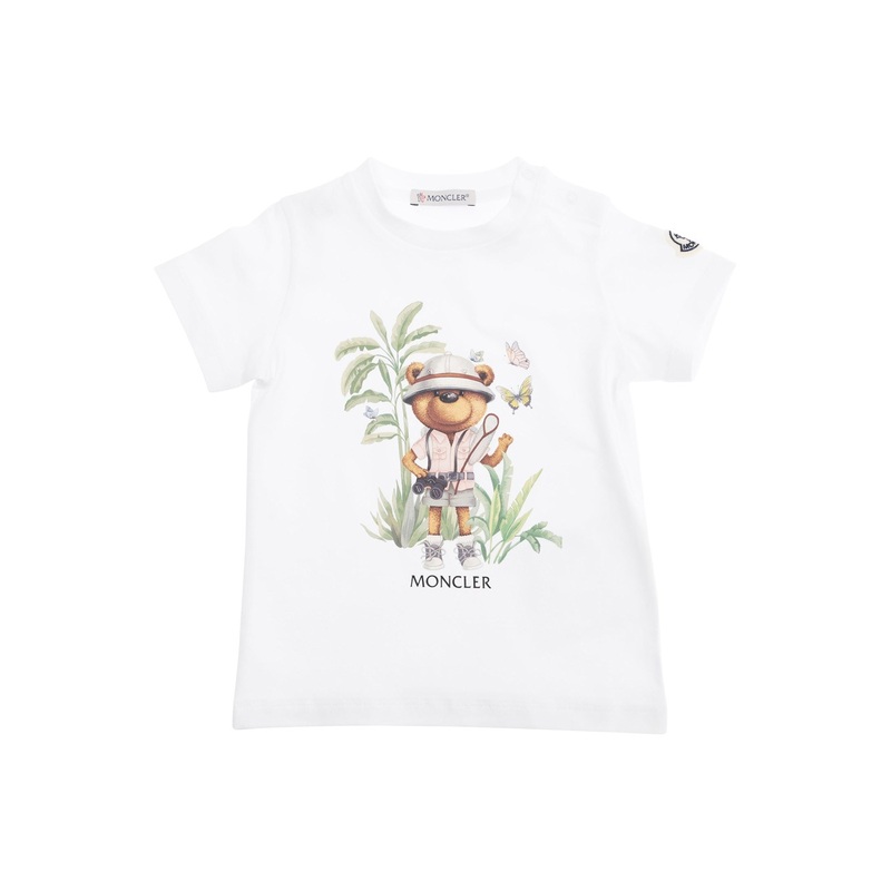 White T-Shirt with Maxi Logo Print on the Front and Button Closure on the Sleeve in Cotton Stretch Baby