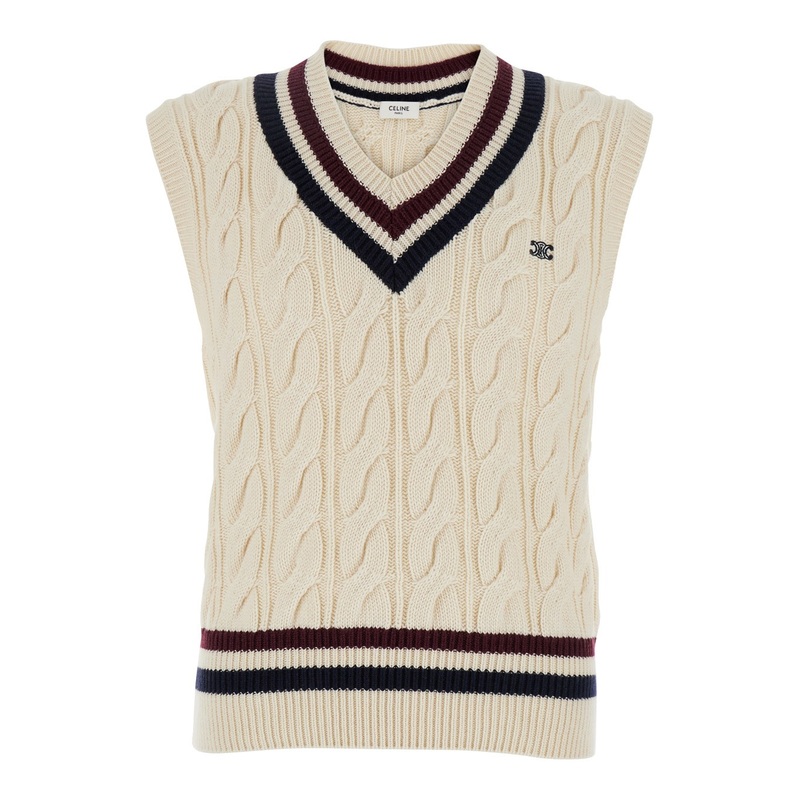 Beige Sleeveless Top with V Neck and Triomphe Embroidery on the Front in Cashmere Man