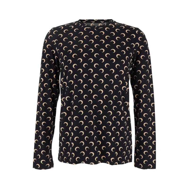 Black Crewneck Top with All-Over Moon Print in Tech Fabric Stretch Woman
