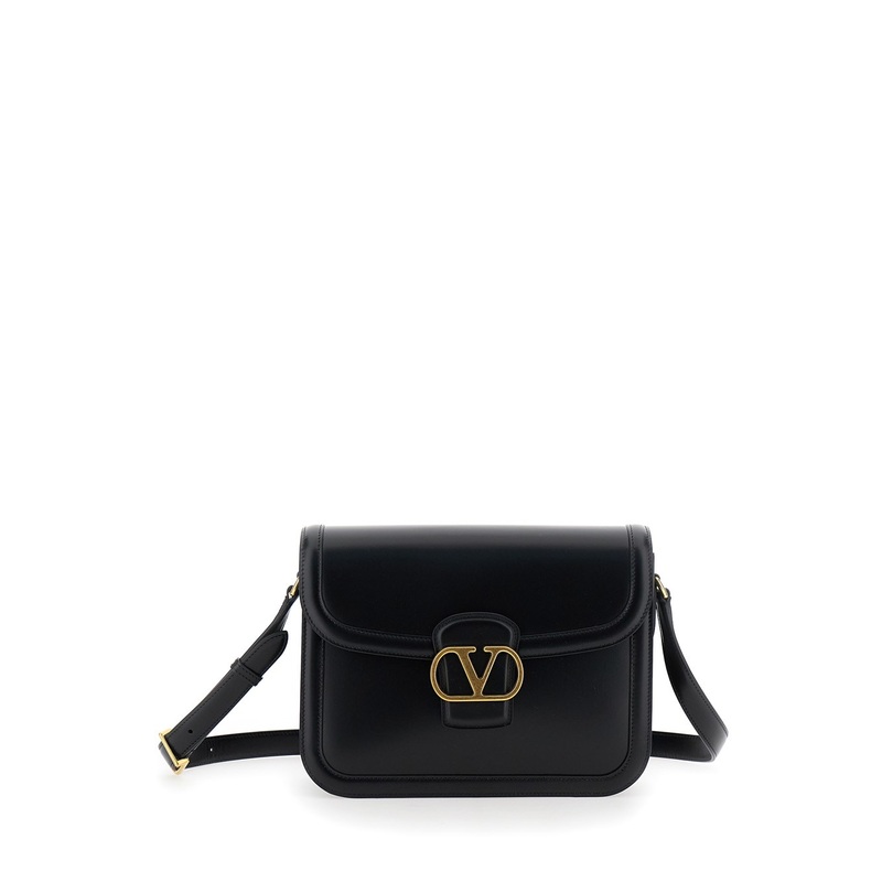 Black Shoulder Bag with VLogo Detail on the Front in Leather Man