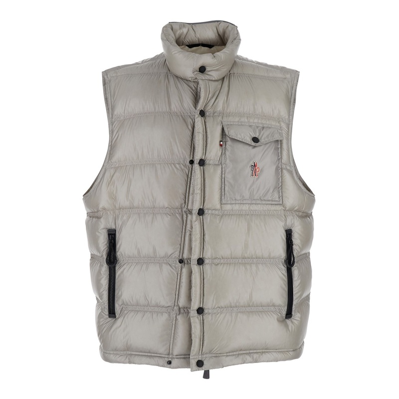 Grey Sleeveless Down Jacket with Logo Applied on the Chest in Tech Fabric Man