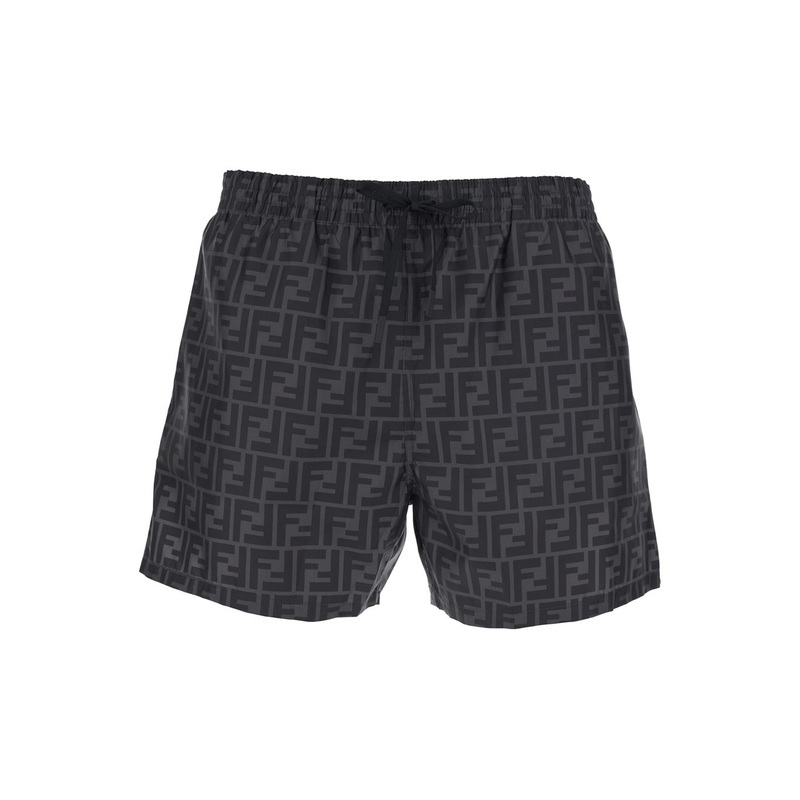 Grey Swim Shorts with Elastic Drawstring Waist and All-Over FF Motif in Tech Fabric Man