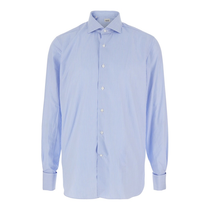 Light Blue Shirt with Classic Collar and All-Over Striped Motif in Cotton Man