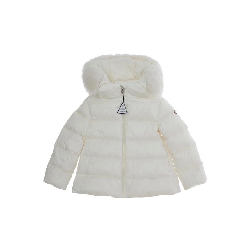 ‘Obie’ White Down Jacket with Logo Patch on Sleeve in Tech Fabric Baby