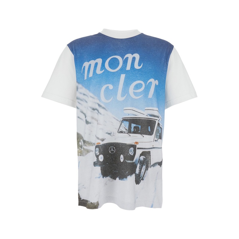 White Crewneck T-Shirt with Logoed Motif and Car Print in Cotton Jersey Man
