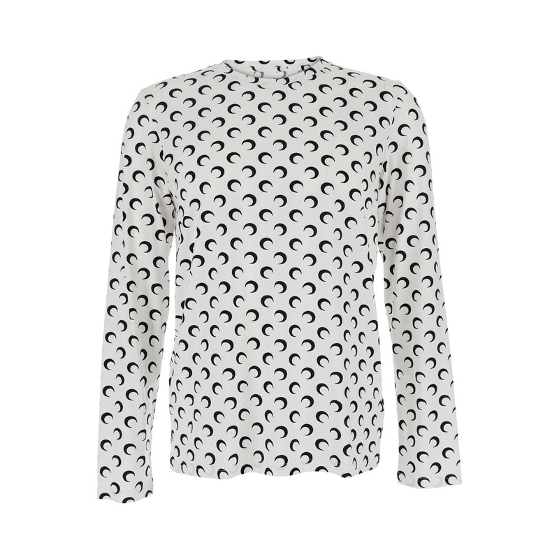 White Crewneck Top with All-Over Moon Print in Tech Fabric Stretch Woman