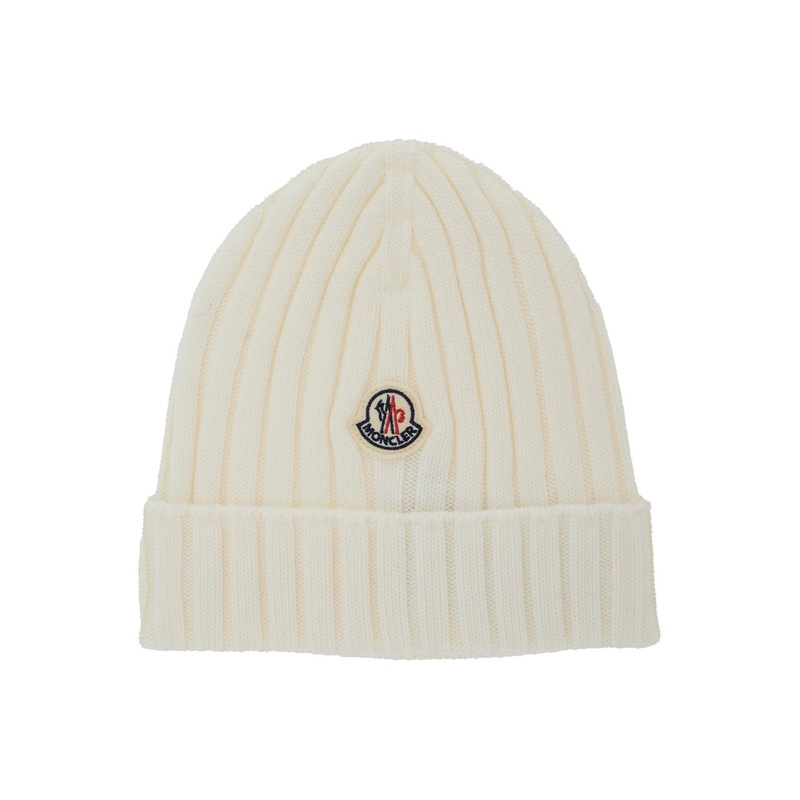 White Ribbed Knit Beanie with Logo Patch on the Front in Wool Baby