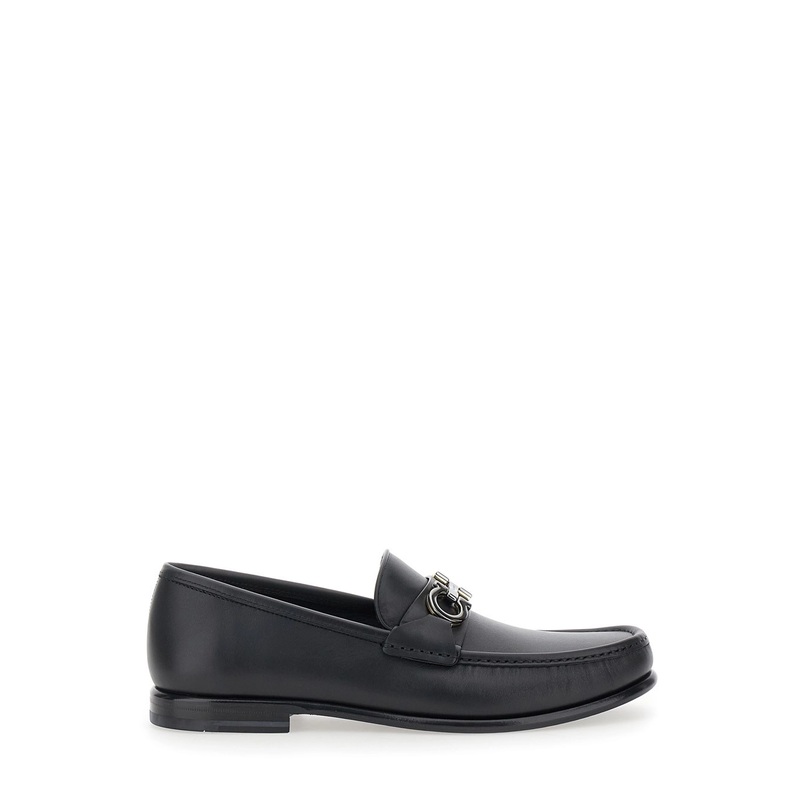 ‘Avril’ Black Loafers with Gancini Plaque on the Front in Leather Man